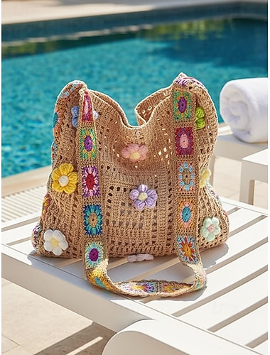  Damestas in bohemian gebreide/gehaakte stijl, met veelkleurige 3D-bloemenversiering en veelzijdige draagopties. Een lichtgewicht en stijlvolle tas, perfect voor strandvakanties en dagelijks gebruik.