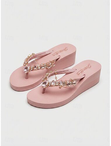  kvinners rosa rhinestone-utsmykkede kile-flip-flops - stilige strandsandaler for sommer og fritidsklær