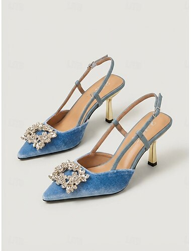  Zartrosa Slingback-Pumps für Damen – spitze Samtpumps mit Strassbrosche für Cocktailpartys &Abendveranstaltungen