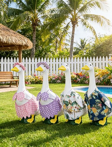  Conjunto de 4 roupas de verão para ganso, estilo tropical havaiano, para ganso de concreto grande, incluindo biquíni de bolinhas e camisas florais com chapéus, acessórios de decoração para jardim,