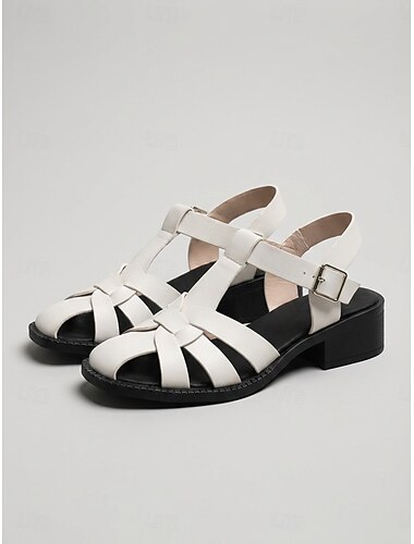  hvite gladiatorsandaler til dame – vevde sandaler med lav hæl og stropper, komfortable sommersko for hverdagsbruk &reise