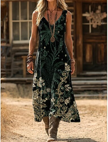  Dames Lange jurk maxi-jurk Boho-jurk Vintage Jurk Casual jurk Vintage Normale pasvorm Boho Bloemig Mouwloos V-hals Zwart Blozend Roze Groen Zomer Lente