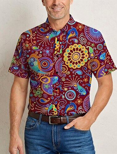  Retro / vintage Hippie 70-talet Skjorta Korta ärmar Hippie Paisley Etnisk Maskeradkläder Herr musikfestival Fest Dagliga kläder Vuxna Skjorta Vår & sommar