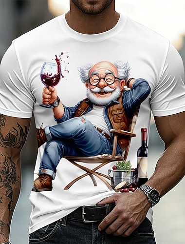  Herre-T-skjorte med rund hals, tegneseriegrafikk, morsom humor, 3D-tegneserie, rund hals, kortermet, pensjonistfeiring, gave til bestefar, vinelsker, farsdag, designerklær