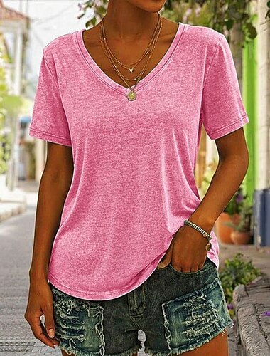  Női 100% pamuk Póló Pólók Vintage mosott felsők Savas mosás Sima Stílusos Klasszikus Rövid ujjú V-alakú Normál felsők Hétköznapi Tengerpart Medence Arcpír rózsaszín Bíbor Narancssárga Lóhere Nyár