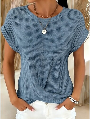  Mulheres Camiseta T-shirt Franzido Tecido Moda à moda Clássico Manga Curta Gola Redonda Tops regulares Diário Para Noite Final de semana Azul Preto Branco Vinho Verde Escuro Verão Primavera