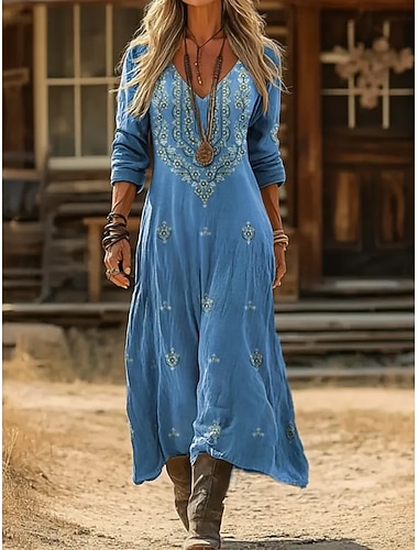  Per donna Abito maxi Vestito Estivo Abito Estivo Vacanza Casual Boho Quotidiano Spiaggia Uscire Vestibilità comoda Grafico Blocco di colori Manica Lunga Scollo a V Blu Rosso Marrone Verde Estate