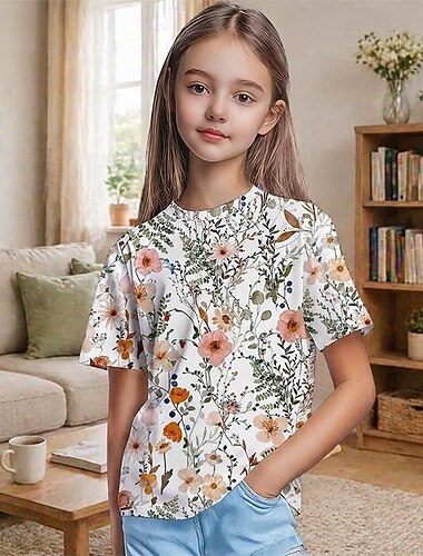  Mädchen 3D Blumen Grafik T-Shirt Kurzarm 3D-Druck Sommer Frühling Sport Mode Streetwear Kinder 5-12 Jahre Rundhalsausschnitt Lässig Täglich Outdoor Normale Passform