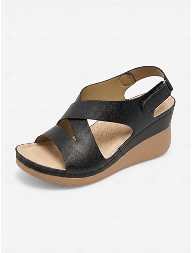  Zwarte minimalistische sleehak sandalen voor dames met voetboogondersteuning – comfortabele sandalen met gekruiste bandjes en hielbandje, lichtgewicht en gedempte schoenen voor dagelijks gebruik op
