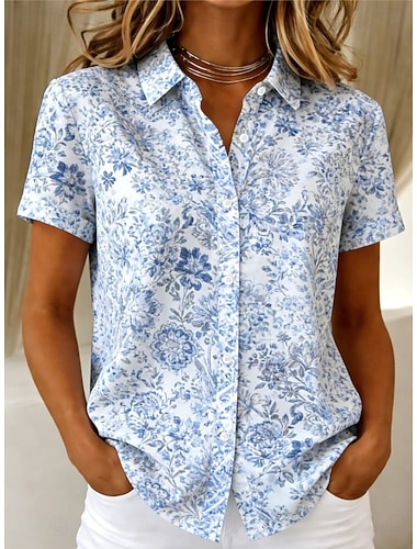  Dámské Košile Květinový Grafika Vinobraní Tropický vzhled stylové Krátký rukáv Košilový límec Běžné topy Denní Vodní modrá Žlutá Světlá růžová Rubínově červená Nebeská modř Léto Jaro