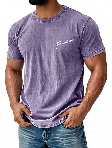  T-shirt homme Freedom vintage violet délavé à l'acide, col rond, manches courtes, style streetwear inspirant, cadeau idéal pour lui, vêtement de créateur