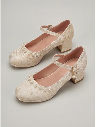  Women's Floral Pearl Mary Jane Chunky Heel Pumps - Elegant Garden Party Dress Shoes