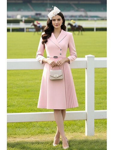  A-linje Te-lengde Festkjole Cocktail Kjole Gjestekjole til bryllup Kjole til brudens mor 3/4 ermer V-hals Elegant Formell Formell kveld Bryllupsfest med Belte / bånd