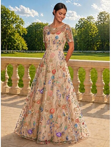 A-linje Golvlång Kvälls klänningar Elegant Vintage Blommig Långärmad Rund hals Bröllop Formell Satäng Tyll med Broderad blomma Plisserat Broderad