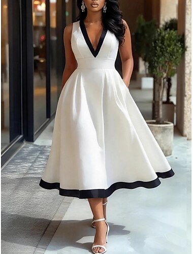  Mulheres Vestido midi Vestido A Line Elegante Festa coquetel Ao ar livre Festa Casamento Patchwork Bolsos Normal Côr Sólida Sem Manga Decote V Branco