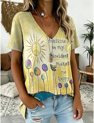  Dámské Tričko Tisk Květinový Grafika Rostliny Vinobraní stylové Klasické Krátký rukáv Do V Dlouhé topy Ležérní Denní Víkend Vodní modrá Bílá Žlutá Tmavě zelená Dusty modrá Léto Jaro