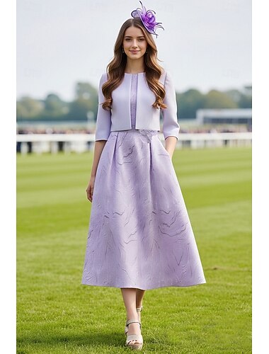  A-Linie Tee-Länge Kleid für Hochzeitsgäste Brautmutterkleid Ärmellos Dreiviertelarm Quadrathals Elegant Gartenparty Hochzeit Formell Stretch-Crêpe mit Tasche