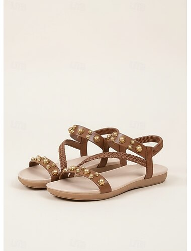  Witte gevlochten sandalen voor dames met imitatieparel stud accenten en comfortabele zool – stijlvolle zomerschoenen voor casual kleding en stranduitjes