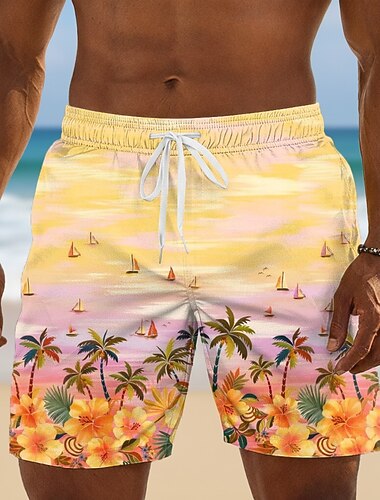  Homme Cocotier Fleurs tropicales Voilier Maillots de bain Maillots de bain shorts de bain Shorts de Surf Taille Moyenne Hawaïen Vacances à la Plage Poches Latérales doublure en maille Taille