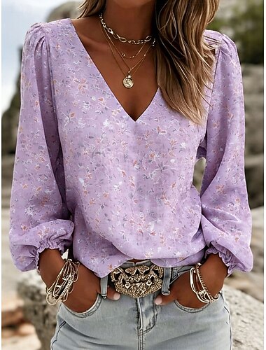  Dame Skjorte Boho skjorte Blomstret Grafisk Elegant Bohem Ferie Langermet V-hals Vanlige topper Avslappet Daglig Ferie Blå Rosa Lilla Grønn Sommer Vår