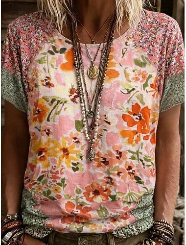  Dames T-shirt Afdrukken Bloemig Grafisch dier Vintage Stijlvol Klassiek Korte mouw Strakke ronde hals Ronde hals Normale tops Dagelijks Weekend Abrikoos roze wit rood Blozend Roze Zomer Lente Herfst