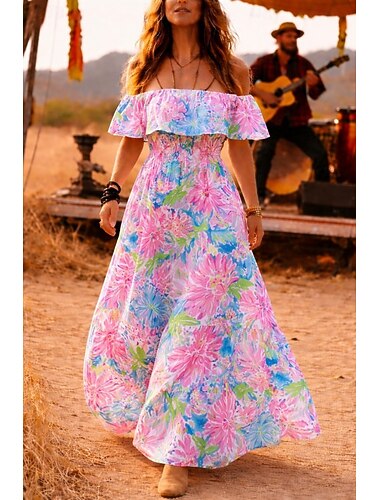  Robe longue en mousseline pour femme, robe fourreau, robe trapèze, robe à volants, robe de plage, robe de fête sur la plage, coupe classique, imprimé floral cachemire, manches courtes, épaules