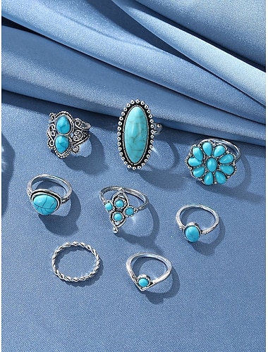  Damesringenset in bohemian stijl met legering en turkoois, 8-delige vintage stapelbare ringen voor de knokkels, perfect voor een strandvakantie, casual zomeroutfits en alledaagse boho-kleding.