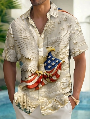  Herren Adler US Flagge 250. Jahrestag der Vereinigten Staaten Hemd Sommerhemd Knopfhemd Kurzarm Patriotisch Outdoor Ferien Sommer Frühling Umlegekragen 3D-Druck Hemden mit Kragen Eine Tasche vorne