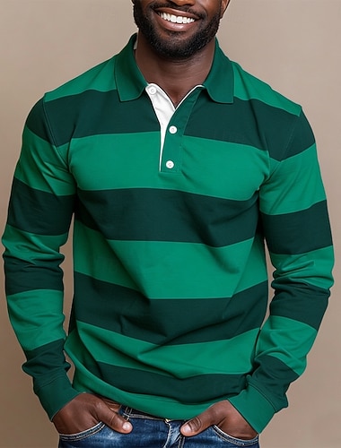  Herren Horizontale Streifen Rugby-Poloshirt Langarm Polo-Shirts Hemden mit Kragen Sportbekleidung Lässig Outdoor Schule Athleisure 3D-Druck Frühling Herbst Blau Hellgrün Purpur