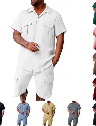  Herren Textur Zweiteilig Hemd Set Und Shorts Strandshorts Set Einfach Lässig Täglich Outdoor Umlegekragen Kurzarm Sommer Mode Lässig Bequem Bekleidung