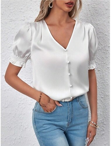  Damen Hemd Bluse Knöpfe Einfach Stilvoll Klassisch Modern Kurzarm V Ausschnitt Normale Oberteile Täglich Ferien Ausgehen Weiß Hellgrün Rosa Grün Sommer Frühling