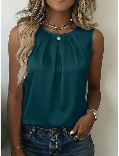  Damen Satin T Shirt T-Shirt Gerafft Einfach Elegant Mode Stilvoll Ärmellos Rundhalsausschnitt Normale Oberteile Lässig Täglich Ausgehen Blau Schwarz Weiß Aprikose Beige Sommer Frühling