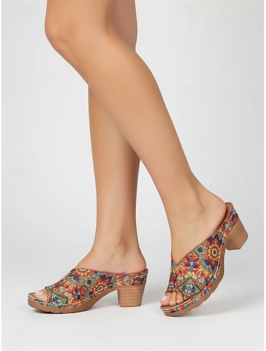  Dames slippers met blokhak in etnische stijl en print – kleurrijke muiltjes met open neus, perfect voor vakantie, festivals en casual zomerkleding.