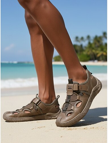  Verstelbare leren sandalen voor heren in een bruine tint, lichtgewicht outdoorschoenen, ademend en flexibel, ideaal voor strandvakanties, resorts en vrijetijdsactiviteiten.