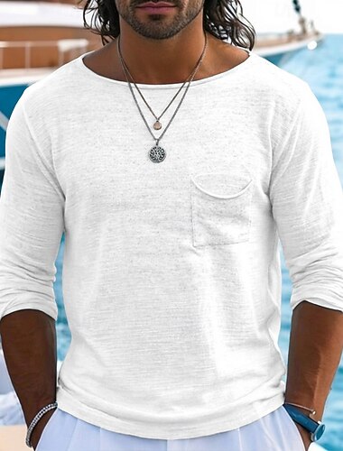  Homens Camiseta de linho Manga Longa Decote Canoa Verão Primavera Todas as Estações Côr Sólida Vintage Boêmio Casual Puro Casual Férias Rua Azul Preto Branco Top Tee para Homens