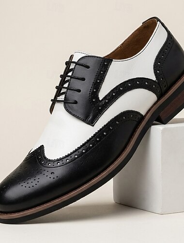  Zwarte en witte wingtip oxford herenschoenen, veterschoenen in brogue-stijl, vintage gentleman-stijl, ideaal voor bruiloften, feesten, zakelijke bijeenkomsten en banketten.