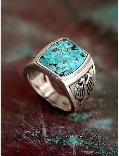 Men's Bohemian Alloy and Turquoise Ring, Vintage Statement Signet Ring in Multiple Sizes for Beach Vacation, Casual Summer Outfits and Everyday Wear
