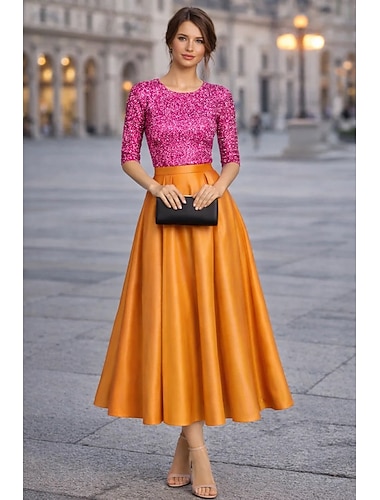  Corte A Vestido Midi Vestidos de coctel Elegante Bloque de Color Reluciente Manga Larga Cuello Barco Boda Formal Bolsillo Satén Lentejuelas con Plisado Lentejuela