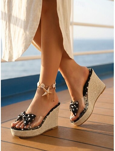  Sandali con zeppa da donna a pois e fiocco - zeppe trasparenti di tendenza con suola in stile espadrillas, perfette per vacanze in resort di lusso, crociere e vacanze.