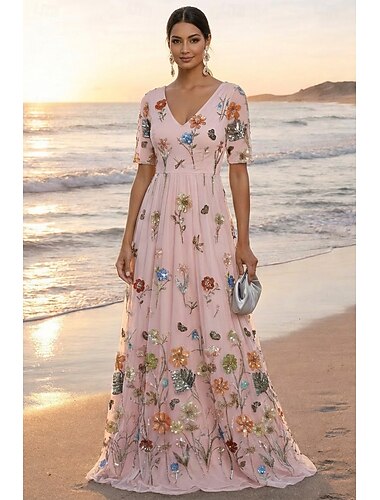  A-linje Kjoler Gulvlengde Maxikjole Festkjole Cocktail Kjole Kjole til brudens mor Kortermet V-hals Elegant Årgang Luksuriøs Formell Bryllupsgjest Kentucky Derby Bomullsblanding med Paljett Broderi