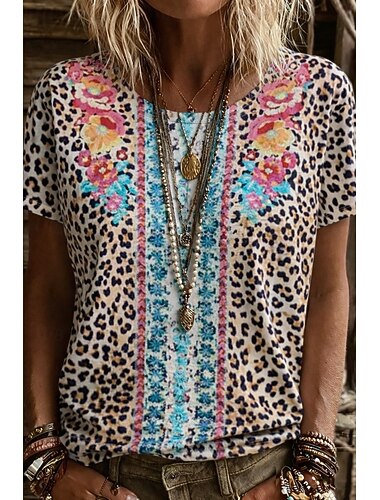  Dames T-shirt Afdrukken Grafisch dier Luipaard Vintage Stijlvol Klassiek Korte mouw Strakke ronde hals Ronde hals Normale tops Dagelijks Weekend Lichtgroen Blozend Roze Khaki Zomer Lente Herfst
