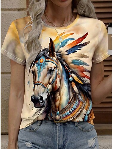  Per donna Maglietta Stampato Grafico Animale Cavallo Elegante Classico Casual Manica Corta Girocollo Top Regolari Quotidiano Bianco Giallo Rosa Estate Primavera