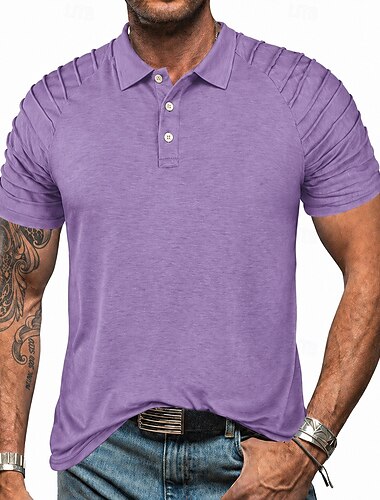  Homens Camisas Polo Casual Feriado Lapela Manga Curta Moda Básico Tecido Textura Franzido Botões Verão Primavera Azul Roxo Verde Tropa Cinzento Camisas Polo