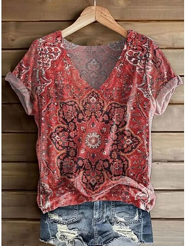 Damen T Shirt Druck Blumen Grafik Pflanzen Vintage Stilvoll Lässig Kurzarm V Ausschnitt Normale Oberteile Täglich Wochenende Blau Hell Beige Schwarz Rote Leicht Braun Sommer Frühling