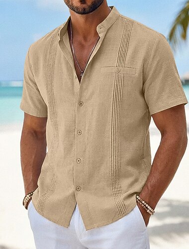  Herren Hemd Leinenhemd Sommerhemd Strandhemd Sommer Hawaiihemd Einfarbig Lässig Täglich Blau Dunkelgelb Schwarz Marineblau Kurzarm Kragen Frühling & Sommer Sommer Bekleidung Gerafft