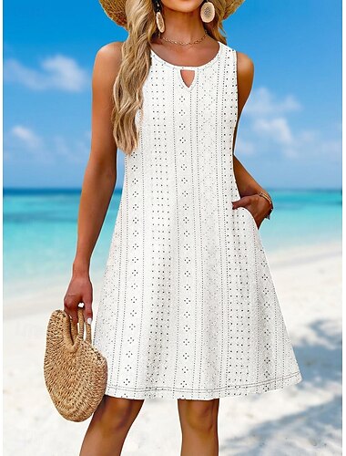  Dam Kort miniklänning Vit klänning Vardagsklänning Sommarklänning Öljett klänning Mode Modern Strand Semester Helgdag Normal Blommig Ärmlös Rund hals Vit Sommar Vår
