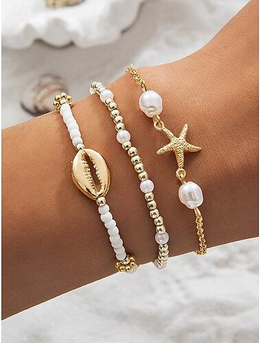  Set van 3 elastische armbanden in bohemian stijl voor dames, gemaakt van legering, in goud- en zilverkleur, verstelbaar, perfect voor een strandvakantie of als casual dagelijkse outfit.