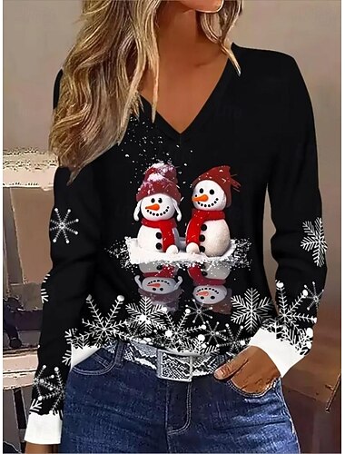  Jul Dam T-shirt Mönster Grafisk Snögubbe Vintage Stylish Klassisk Långärmad V-hals Vanliga toppar Dagligen Grå / Röd Svart + Vit + Red Svart Vin Rubinrött Vår Höst Vinter