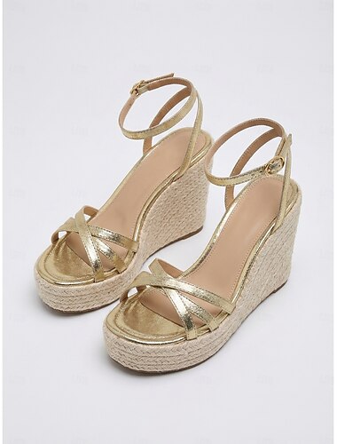  Sandales compensées dorées pour femmes - élégantes espadrilles à plateforme avec brides croisées &boucle de cheville pour tenue de soirée de villégiature, mariages sur la plage &galas d'été de luxe