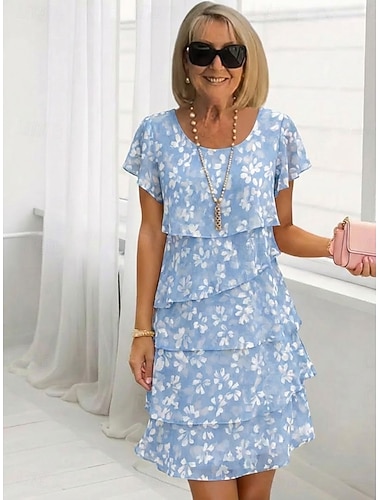  Per donna Abito al ginocchio Vestito in Chiffon Abito Floreale Elegante Moda Moderno Vacanza Feste Weekend Vestibilità regolare Floreale Manica Corta Girocollo Blu Verde Estate Primavera